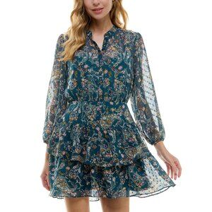 NWT City Studios Juniors Tiered Chiffon Fit & Flare Dress Teal Blue / Rust XL